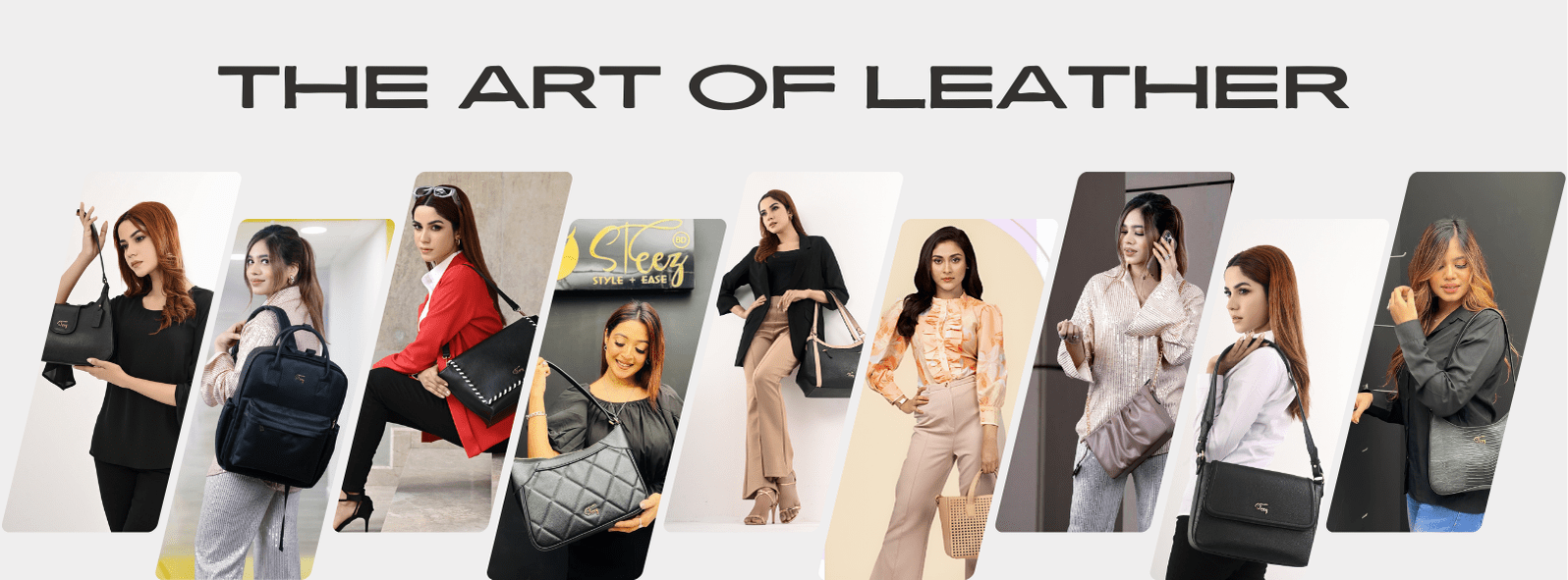 Front Cover Image containg leather bags for women with several model pictures.