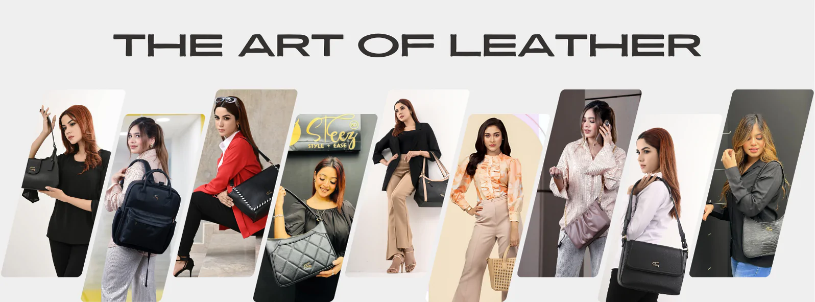 Front Cover Image containg leather bags for women with several model pictures.